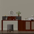 Modern Wooden Dressing Table With Round Mirror Stool And Wicker Cabinet Doors
