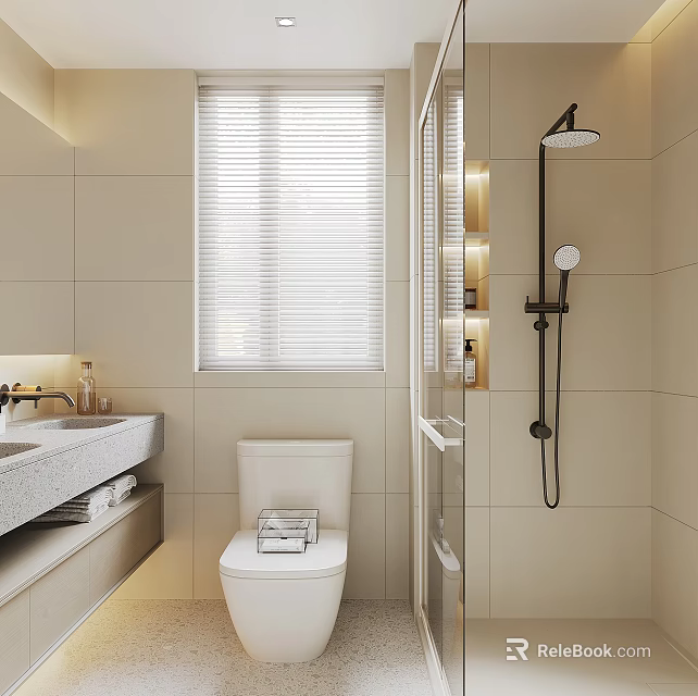 Modern Bathroom Interior With Beige Tiles Window Blinds Toilet Sink And Shower 3d model 