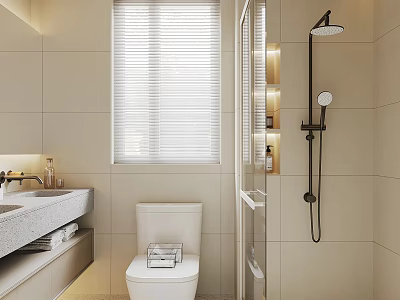 Modern Bathroom Interior With Beige Tiles Window Blinds Toilet Sink And Shower 3d model