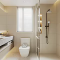 Modern Bathroom Interior With Beige Tiles Window Blinds Toilet Sink And Shower
