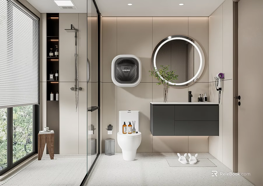 Modern Bathroom Interior Design With Glass Shower Round Illuminated Mirror Wall-Mounted Toilet And Dark Vanity 3d model 