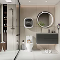 Modern Bathroom Interior Design With Glass Shower Round Illuminated Mirror Wall-Mounted Toilet And Dark Vanity