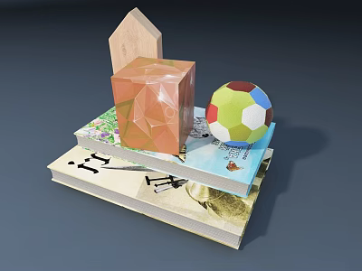 Doll On Stacked Books With Wooden House Orange Cube And Colorful Soccer Ball 3d model