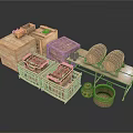 Vintage Daily Life Supplies Including Wooden Boxes Barrels Wicker Baskets Rugs And Clay Pots
