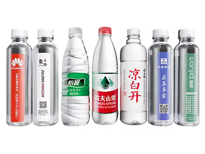 Different Brands Of Bottled Mineral Water In Clear Plastic Bottles 3d model