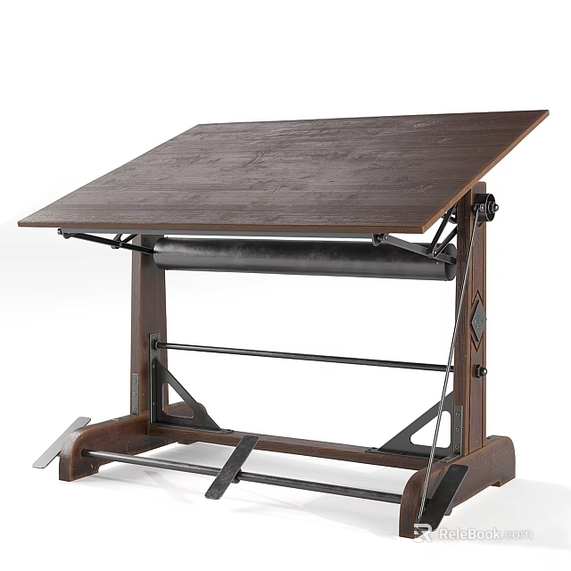 Sturdy Wooden Drafting Table With Metal Brackets And Adjustable Top Surface 3d model