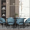 Elegant Modern Dining Table Set With Blue Chairs Pendant Light And Marble Wall 3d model