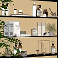 Elegant Daily Washing Essentials Arrangement with Bottles Towels and Potted Plants on Shelves