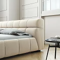 Modern Minimalist Double Bed With Upholstered Headboard Gray Pillows Side Tables Love Artwork Floor Lamp