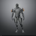 Futuristic Humanoid Character 3D Model With Silver Metallic Body And Shoulder Flame Elements