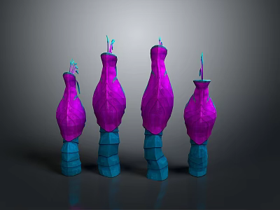 Four purple abstract plants with blue textured bases on dark surface 3d model
