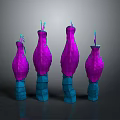 Four purple abstract plants with blue textured bases on dark surface