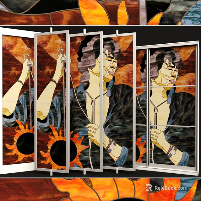Multi Panel Wall Decor Folding Screen With Metal Frame And Artistic Figure Painting Sunflowers 3d model 