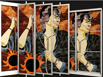 Multi Panel Wall Decor Folding Screen With Metal Frame And Artistic Figure Painting Sunflowers 3d model