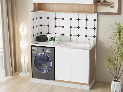 Bathroom Cabinet with Washing Machine White Cabinets Black White Tiled Backsplash and Green Plant 3d model