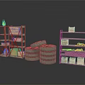 Industrial Storage Setup With Metal Shelves Wooden Crates Baskets Lantern And Stacked Tires