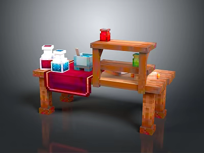 Pixel Style Wooden Workbench Furniture With Shelves Colorful Bottles And Red Cloth 3d model