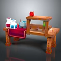 Pixel Style Wooden Workbench Furniture With Shelves Colorful Bottles And Red Cloth