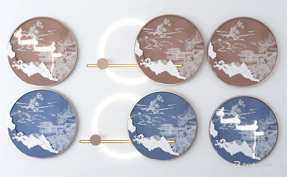Elegant Round Wall Decor With Brown Blue Oriental Patterns And Gold Connecting Bars 3d model