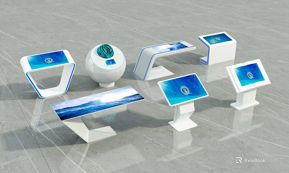 Public Facilities Interactive Display Terminals With Blue Screens And Various White Bases 3d model 