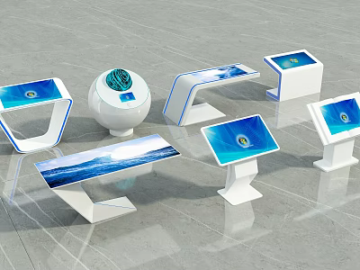 Public Facilities Interactive Display Terminals With Blue Screens And Various White Bases 3d model