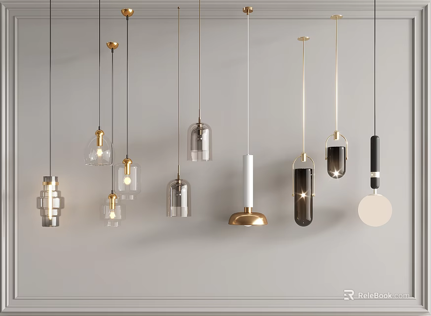 Modern Pendant Lights With Various Designs Hanging On Gray Wall For Interior Decor 3d model 