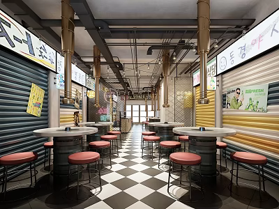 Modern Restaurant Interior With Checkered Floor Red Stools Round Tables And Roll Up Doors 3d model