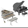 Acoustic Musical Instruments Transparent Black Grand Pianos With Stools And Interior Design