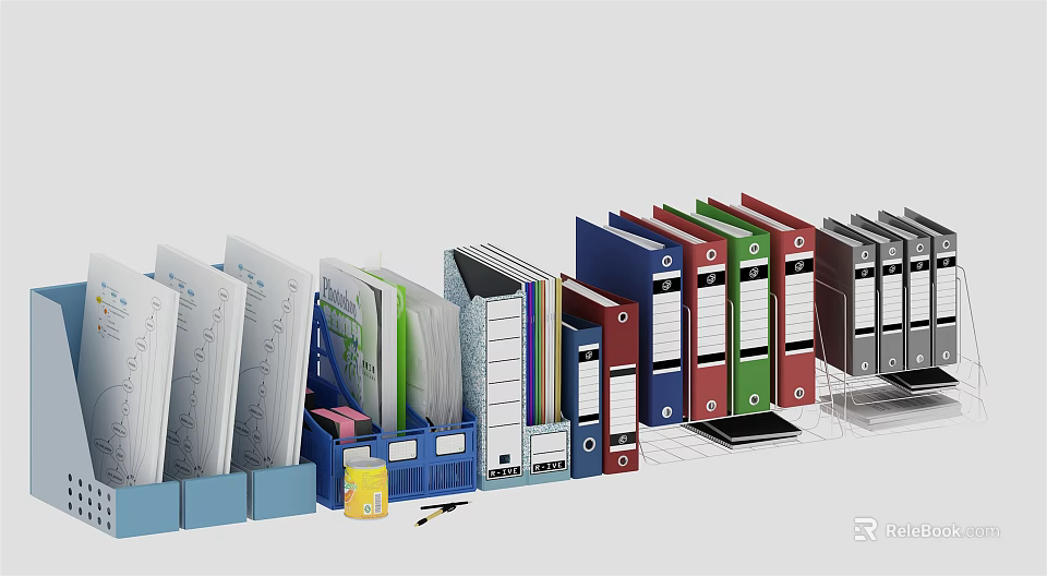 Organized Office Document Storage With Colorful Folders And Labeled Binders 3d model