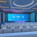 Spacious Banquet Hall With Blue Screen IDDM Logo White Seats Stage And Lighting Design