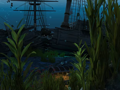 Sunken Wooden Ship Underwater Scene With Seaweed Treasure Chest And Bubbles 3d model