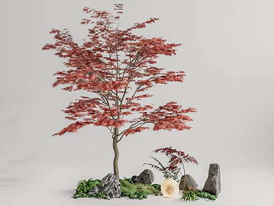 Charming Garden Decor With Red Maple Tree Stones Green Foliage And Yellow Flower 3d model