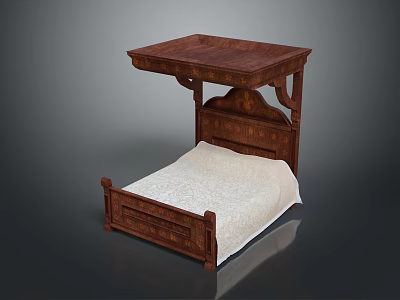 Traditional Wooden Bed With Carved Headboard Upper Shelf And White Mattress 3d model