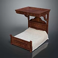 Traditional Wooden Bed With Carved Headboard Upper Shelf And White Mattress