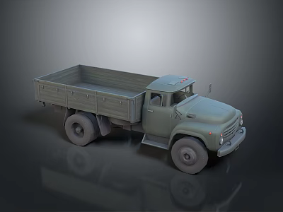 Military Green Vintage Utility Truck With Open Cargo Bed And Large Wheels 3d model
