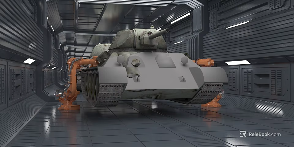 Military Tank In High Tech Industrial Facility With Robotic Arms 3d model 