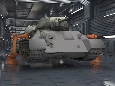 Military Tank In High Tech Industrial Facility With Robotic Arms 3d model