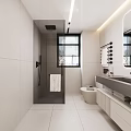 Modern Bathroom Interior Design With Shower Toilet Vanity White Tiles And Wooden Cabinets
