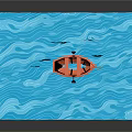 Cartoon Scene With Red Boat on Blue Wavy Water and Colorful Leaves Around Plants