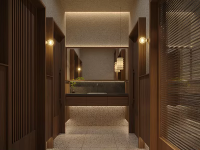 Public Restroom Modern Interior With Wooden Panels Mirror Sink Counter And Warm Lighting 3d model