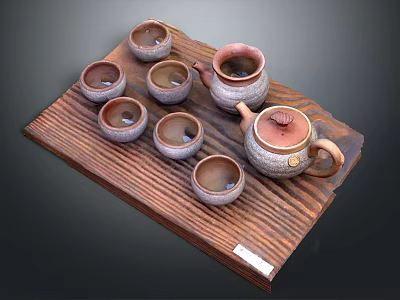 Ceramic Tea Set with Teapot and Teacups on Wooden Tray Wood Grain Design 3d model