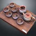 Ceramic Tea Set with Teapot and Teacups on Wooden Tray Wood Grain Design