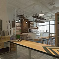 Modern Milk Tea Shop Interior With Bar Counter Tables Chairs Shelves And Lighting