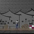 Chinese Style Scenic Wall Featuring Roof Eaves Black White Photos Display Bench and Wheel Decorations