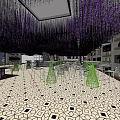 Elegant Club Interior Featuring Purple Hanging Decorations Geometric Floor Tiles Tables Chairs And Display Cabinets