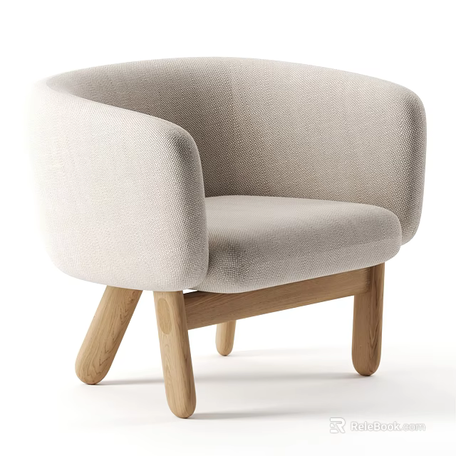 Modern Minimalist Accent Chair With Light Beige Fabric Rounded Armrests And Wooden Legs 3d model 