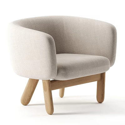 Modern Minimalist Accent Chair With Light Beige Fabric Rounded Armrests And Wooden Legs 3d model