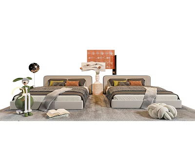 Modern Single Beds Interior Design With Soft Pillows Nightstands And Decorative Rug 3d model