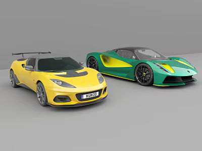 Yellow Open Top and Green Sleek Sports Cars with Modern Aerodynamic Design 3d model