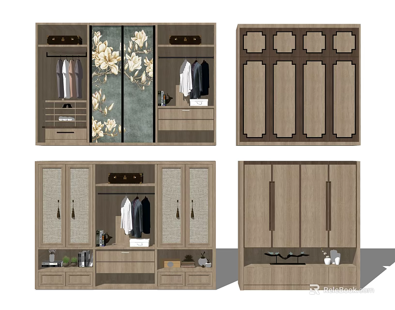 Various Modern Wooden Wardrobe Designs With Storage Drawers Hanging Areas And Shelves 3d model 